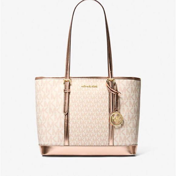 Michael Kors Jet Set Travel Metallic Logo Top-Zip Tote Bag Rose Gold New Sealed - Picture 1 of 10